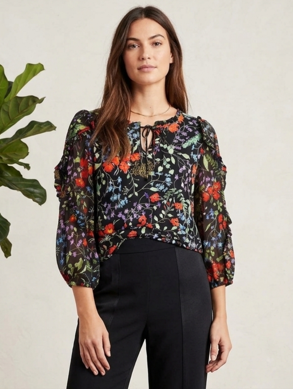 MAEVE ANTHROPOLOGIE Jacquin Black Floral Peasant Top Spring Size XS